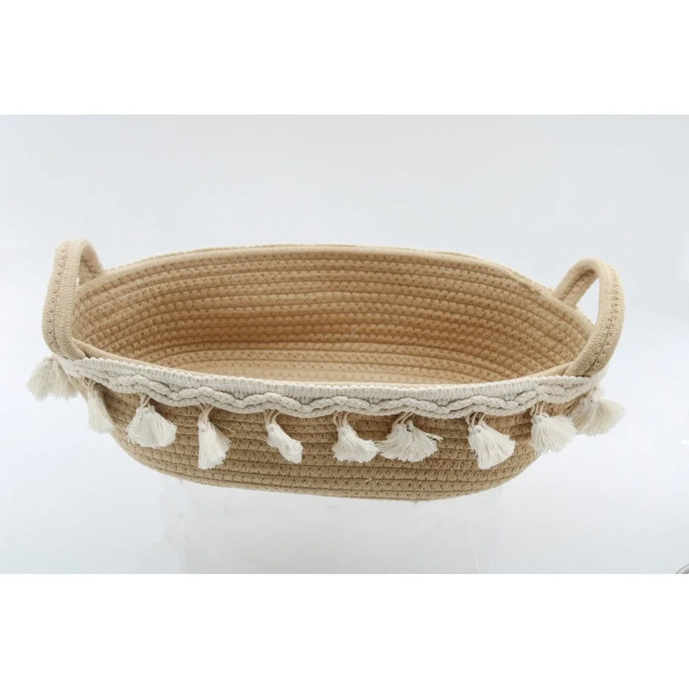 Set of 2 Boho Cotton Rope Storage Baskets with Tassels Oval Woven Organizers